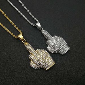 yunnique Hip Hop Middle Finger Pendant Necklace Stainless Steel Pave Setting Men's Party Jewelry Gold And Silver Tone - Product Image 1
