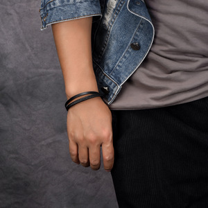 Gelang kulit Pasangan Pria, perhiasan grosir baru gelang tali kulit baja nirkarat - Product Image 6