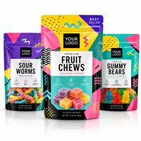 Op maat gemaakte geometrische mylar zakken met opdruk, staande pouches, kleurrijke fruitkauwgom snoepverpakkingen voor snackmerken