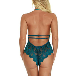 Lencería sexy para comercio exterior, body ajustado con aberturas y entrepierna descubierta, camisón seductor de encaje con cuello halter y espalda descubierta - Product Image 5