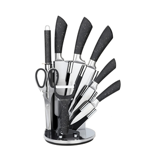 Ensemble de 8 couteaux de cuisine, lames en acier inoxydable, manche en PP antidérapant à grain de pierre, bloc à couteaux rotatif à 360 degrés avec ciseaux - Product Image 1