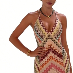 Women's Print <b>Spaghetti</b> <b>Strap</b> Maxi Dress - Crisscross Back Halter Gown Dresses Fashion - Product Image 3