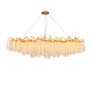 Lustre en cristal fait main avec cadre en forme de branche, lamelles de cristal rondes transparentes, luminaire suspendu linéaire pour maison moderne - Product Image 2