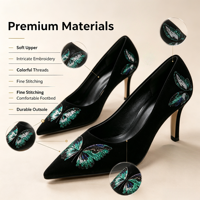 Escarpins Papillon Vert Multicolore à Paillettes, Bout Pointu, en Daim Noir, Chaussures de Soirée pour Femme, OEM ODM Logo Personnalisé