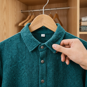 Chemise décontractée ample unie pour homme en velours côtelé délavé, boutonnée sur le devant, manches longues, vert sarcelle, taille 110 - Product Image 4