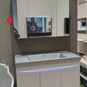 Nuevo gabinete de baño blanco con cuerpo de tres puertas y lavabo con encimera gris - Product Image 5