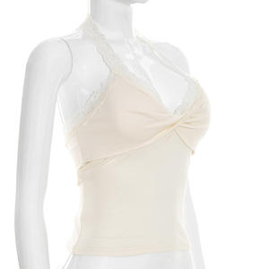 Viviblook J26TP037, nueva camiseta sin mangas de verano para mujer, chaleco sin mangas de encaje sexy, Top corto ajustado con cuello Halter para mujer - Product Image 3