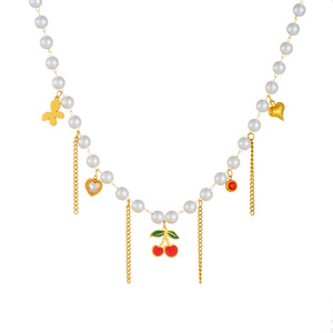 Korean Style Pearl Chain Necklace With Cherry Heart Butterfly Charms For Everyday Wear - Product Image 5