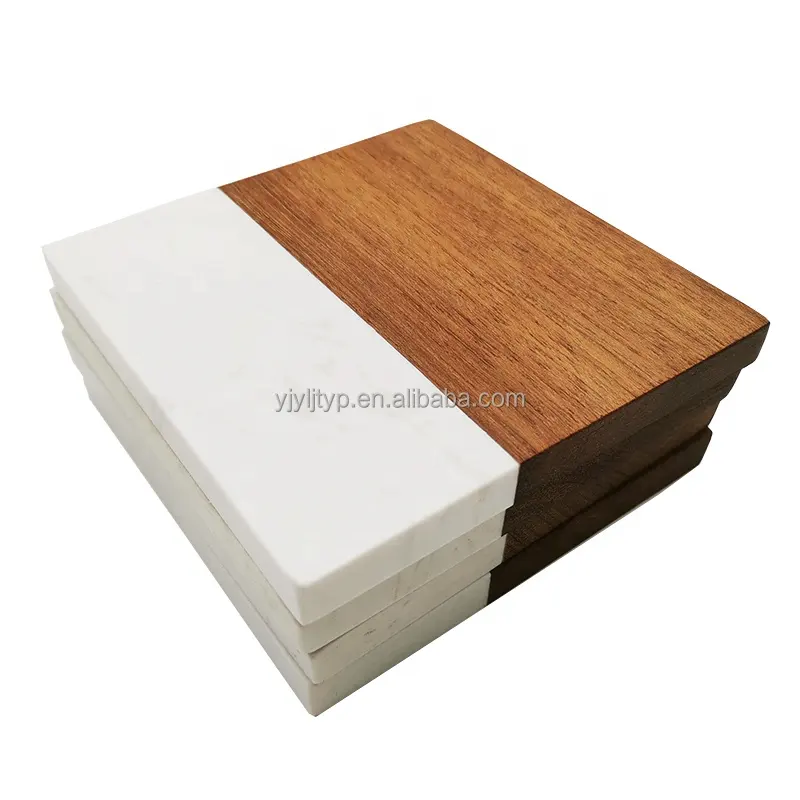 Individuelles Großhandel braun weiß Viereck 10 × 10 cm Akazien-Bambus-Marmor-Unterstütze-Set für Getränke Organisator Kaffee und Tee-Waste