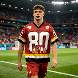 Jersey de Fútbol Americano Personalizado al por Mayor con Estampado de Llamas, Logotipo en Degradado, Malla con Parches, Estilo Retro, Cuello en V, Ropa Deportiva Casual - Product Image 1