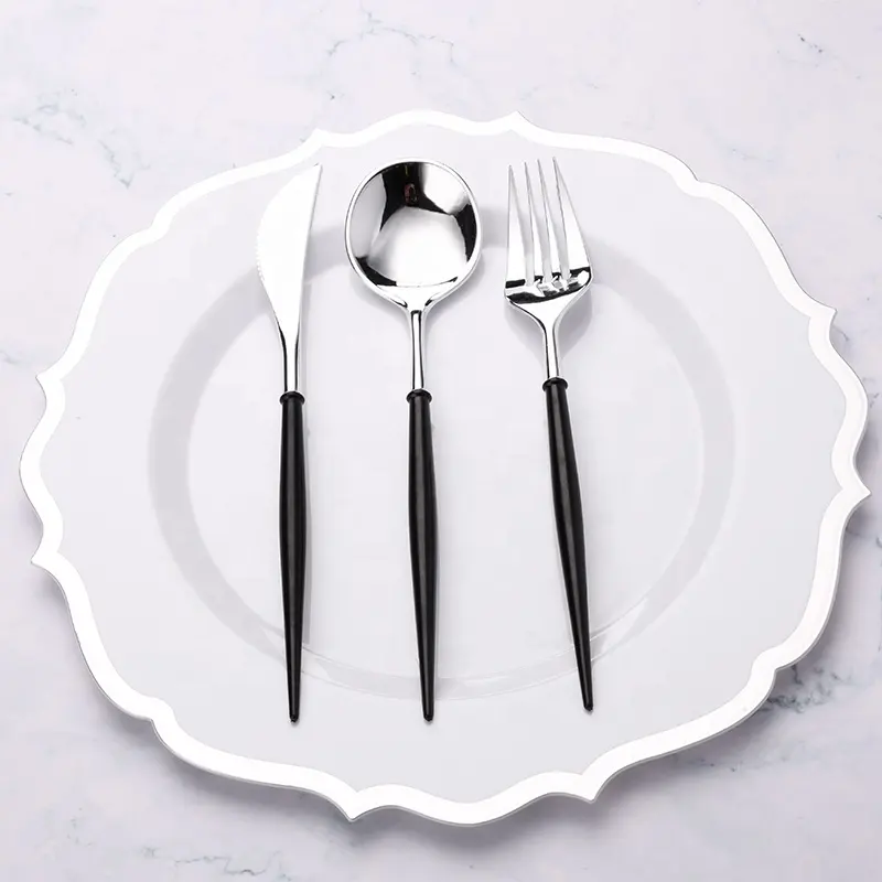 Thiết Kế Mới Dùng Một Lần Nhựa Bạc Mạ Bát Và Spoon Set Tấm Với Fork Dao Kéo Xách Tay