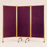 Paravent pliable à 3 panneaux avec cadre en métal doré et tissu violet, doté de roulettes mobiles pour hôtel et restaurant