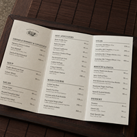 Menu de restaurant personnalisé en papier texturé plié, menu de luxe à deux volets pour restaurant gastronomique, steak, cuisine occidentale