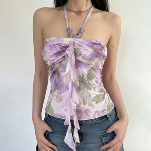 Top Cami Femme Col Halter à Nouer sur le Devant, Style Vacances, Motif Floral Romantique Vintage en Dentelle Tricotée avec Rubans - Product Image 2