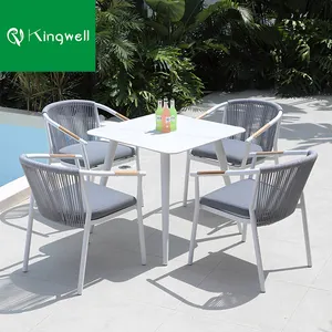 Aluminum Furniture For Garden Outdoor Dinning Set Rope Woven Chair Dining Table Sets Metal Table And 4 Seats Chairs