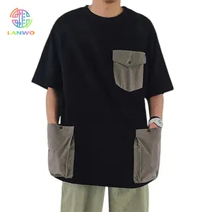 Lanwo Casual Front Pockets Short Sleeve T Shirts For Men 2021 High Quality Cotton Contrast Seam Mens T Shirts