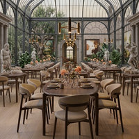 Ensemble de table et chaises de salle à manger nordique de luxe, finition grain de bois, structure métallique, mobilier de restaurant haut de gamme, confortable et durable