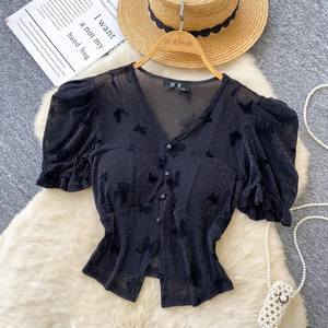 Camicette <span class=keywords><strong>Vintage</strong></span> Estive a Maniche Corte per Donne, Camicie Tinta Unita, <span class=keywords><strong>Top</strong></span> Retrò, Abbigliamento Femminile all'Ingrosso - Product Image 2