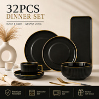Service de table en céramique électroplaqué noir et or de luxe, 32 pièces, bols, assiettes, plats, vaisselle