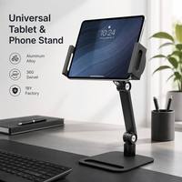 360 °   Support de bureau pliable pour tablette et téléphone, double axe en alliage d'aluminium, compatible 4-12,9 pouces, pour diffusion en direct et bureau, moule privé OEM