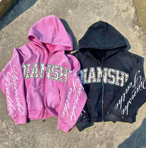 Sudadera con Capucha Corta Unisex QIANSHI, Estilo Holgado con Hombros Caídos, Lavado Ácido, Cierre de Cremallera, Diseño Gráfico Personalizado, Estilo Cuadrado, Desgastada, con Pedrería - Product Image 2