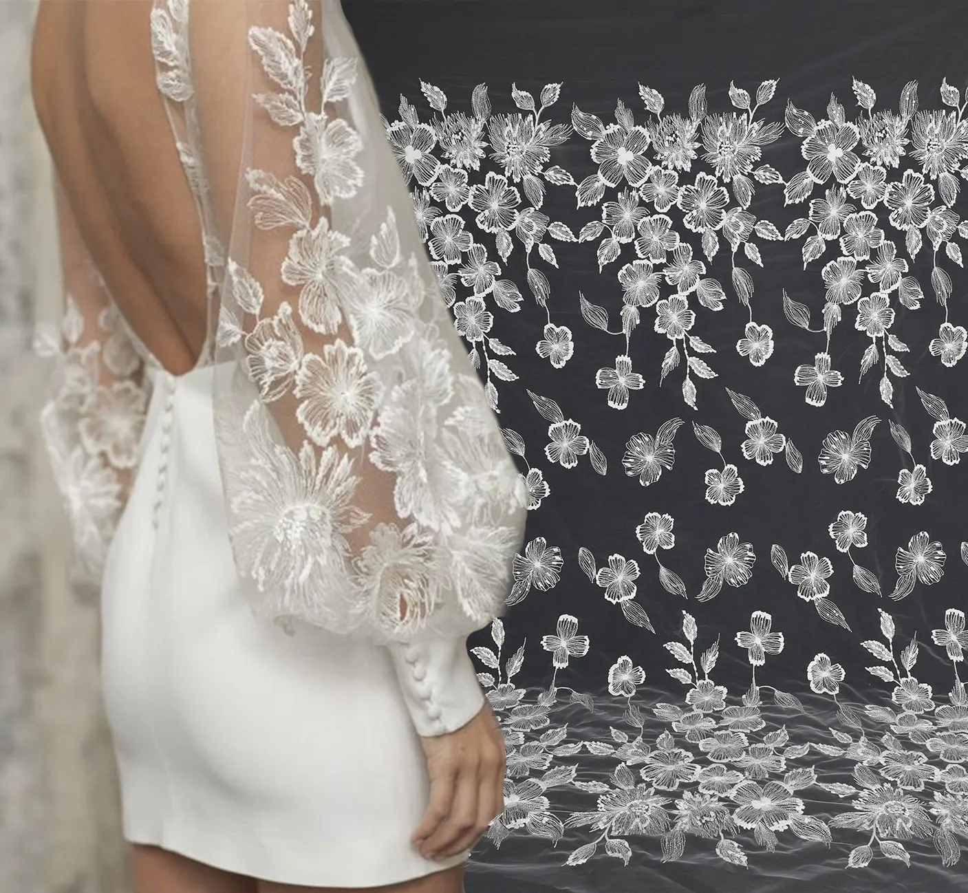 Flache, flache Tüll spitze mit transparenter, klarer Pailletten-Braut stoff