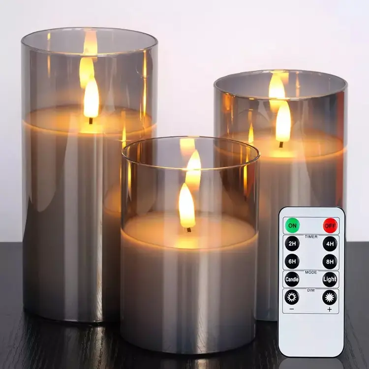 Bougie led 3d vraie flamme lumière à piles télécommande verre gris bougies électroniques sans flamme