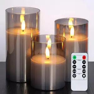 3D thực sự ngọn lửa ánh sáng pin hoạt động dẫn nến điều khiển từ xa kính màu xám Flameless Nến điện tử