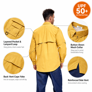Chemise de pêche à la mouche OEM pour homme UPF50+ à manches longues avec cape arrière, trous de ventilation, plusieurs poches, pour activités de plein air, logo personnalisé - Product Image 2