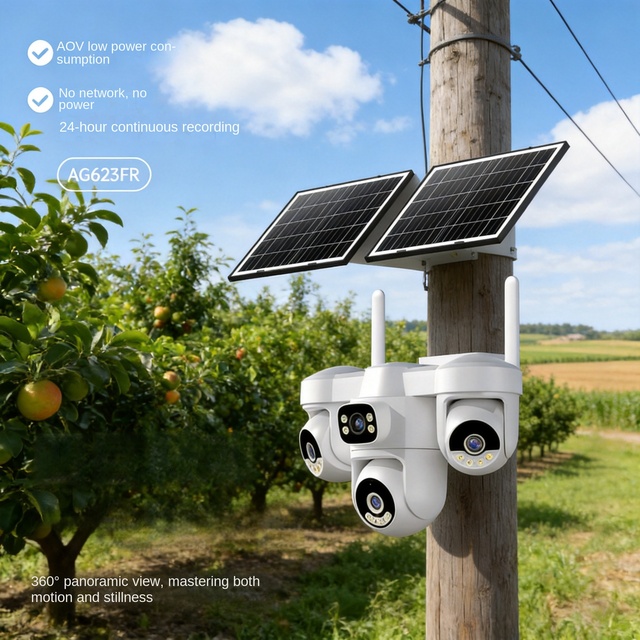 4G Network Camera Outdoor Solar Powered 360 Panoramic View 4 Lens HD Wireless Security Monitor for Orchard Fish Pond Farm