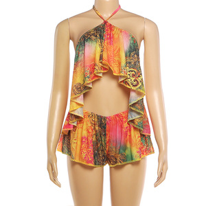 Women's Halter Neck Top Ruffled 2-Piece Set with Bohemian Print <strong>Shorts</strong> Women Sets Sehe Fashion - Product Image 3