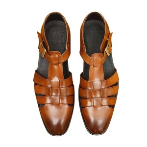 Sandales d'été pour hommes à brides croisées en cuir de vachette première couche, à bout ouvert, avec boucle, décontractées, respirantes, doublure en cuir - Product Image 1