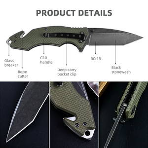 Stock G10 poignée Tanto lame de scie survie en plein air multi-outils pliant couteau de sauvetage poche avec coupe-ceinture <span class=keywords><strong>brise</strong></span>-verre - Product Image 2