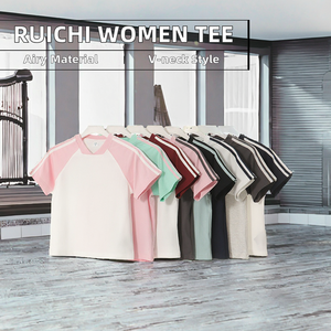 RUICHI <b>Women's</b> Sport <b>Tshirt</b> 260Grams 60%Cotton 40% Polyester <b>V</b> <b>Neck</b> Raglan Sleeve Stripe Casual Style Knitted Girls <b>Tshirts</b> - Product Image 2