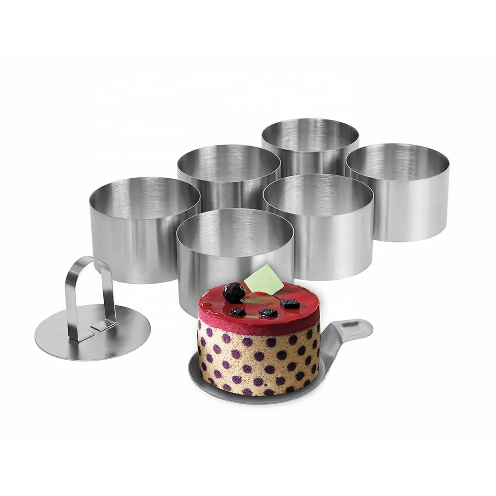 Set of 4 Stainless Steel Food Forming Ring Round Cake Mold with lifter and pusher