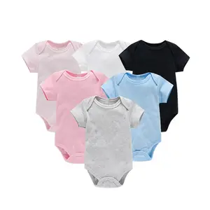 Bon marché, vente en gros, couleur unie, barboteuse à manches courtes pour bébé en coton, garçons et filles