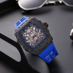 Новые дизайнерские роскошные ультратонкие механические часы с карбоновым циферблатом, водонепроницаемые до 3ATM, с синим резиновым ремешком для мужчин - Product Image 1