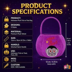 Sac à bonbons en peluche d'Halloween pour enfants – 5 modèles – Velours doux – <span class=keywords><strong>Citrouille</strong></span>, Sorcière, Chat, Vampire – Écologique, Réutilisable, Personnalisable – Pour Fête - Product Image 5