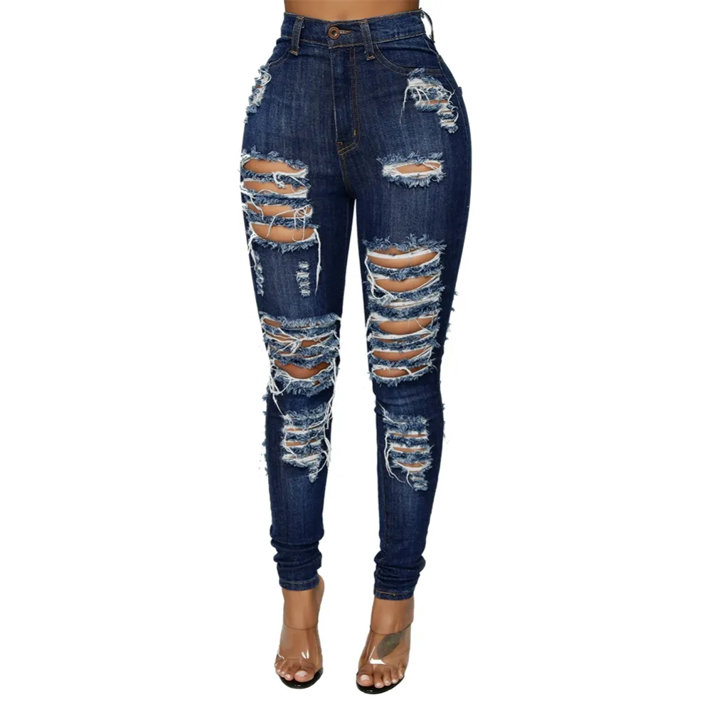 Customized factory price dark blue ripped slim fit women jeans fashion design