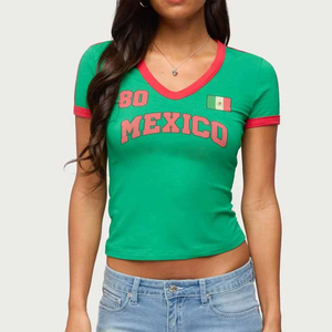 Top Corto de Verano 2026 para Mujer, Manga Corta, Estampado de Bandera Mexicana, Corte Ajustado, Versátil, Estilo Jersey - Product Image 5