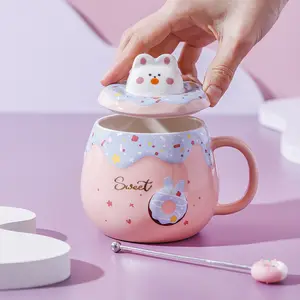 Taza de cerámica ecológica de 420ml, gran oferta, diseño de dibujos animados de conejito Donut, taza de leche de café de conejo bonito con logotipo de impresión personalizado para niñas