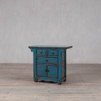 Table de chevet en bois massif bleu turquoise vieilli, style rustique antique, armoire de chevet à 3 tiroirs et 2 portes