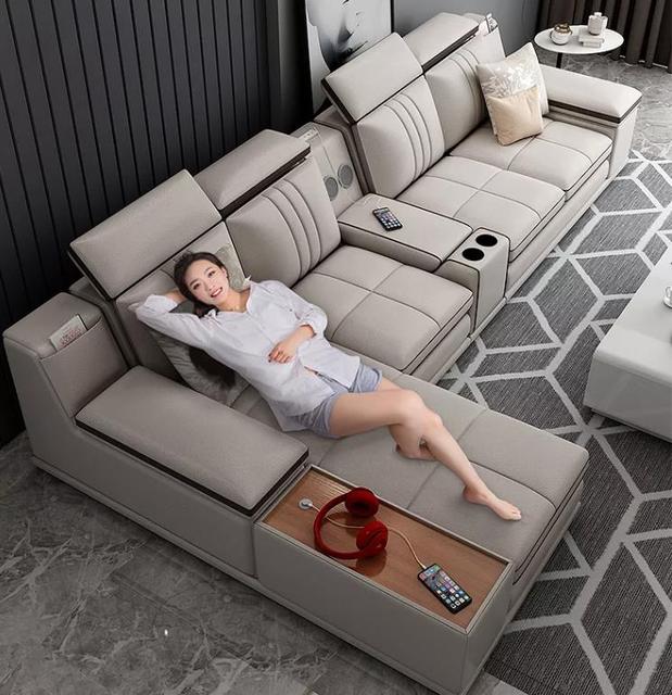 Modern Living Home Furniture With bluetooth Speaker L Shape Leather Sofas With Wireless Charger USB Corner Set Sectional Sofa