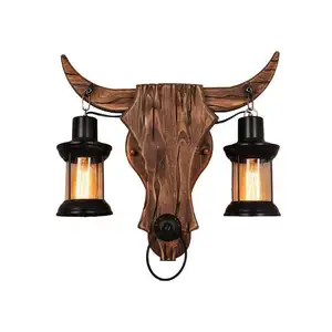 牛头吊灯复古木质吊灯工业复古灯创意吊灯麻绳铁金属复古灯青铜