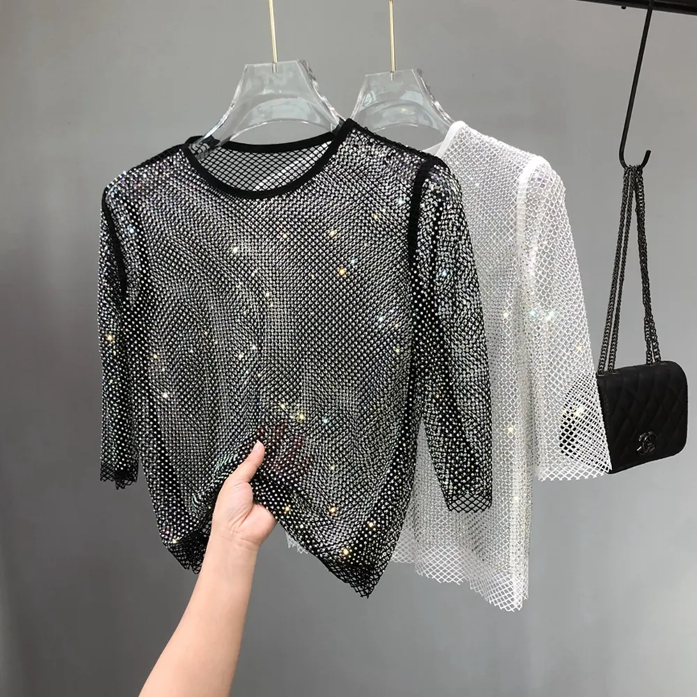 T-shirt brillant en maille de cristal pour femme, haut de soirée brillant avec découpe en diamant, vêtement de chanteur de Club, européen et américain, nouvelle collection 2023