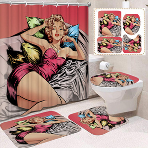 Rideau de douche en polyester rouge Pop Art Marilyn, rideau de salle de bain imprimé numériquement sur mesure, rideau de douche en polyester moderne en gros - Product Image 1
