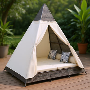 Cama de Exterior de Mimbre con Forma de Tienda de Campaña, Cojines Incluidos, Tumbona para Patio, Diseño Tropical Moderno - Product Image 2