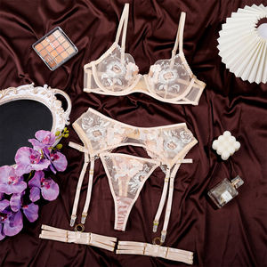 Lencería erótica sexy para mujer, perspectiva bordada de malla, conjunto de pasión seductora, Conjunto de sujetador de cuatro piezas, ropa interior para mujer - Product Image 5