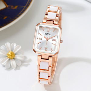 Womens Rose Gold Square Watch <b>White</b> Ceramic Bracelet Crystal <b>Markers</b> Sunburst Dial Quartz Wristwatch - Product Image 1