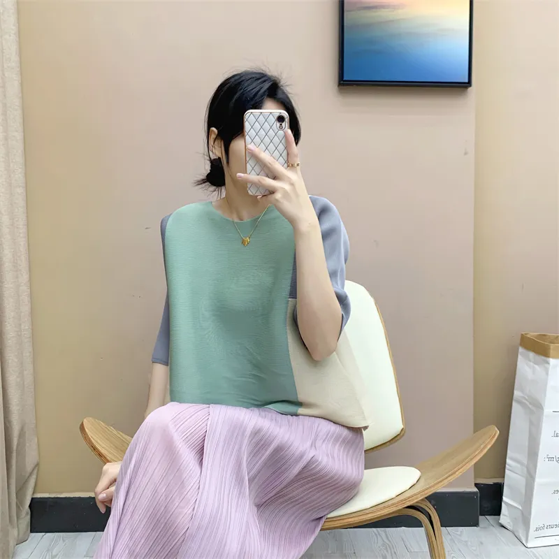 Tianbao kat 2022 yaz yeni niş eşleşen renk yuvarlak yaka orta kol bluz gevşek büyük boy kadınlar için bluz
